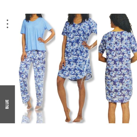Flora Nikrooz Pajamas Set Women S Blue Floral Dress Pants Top 3 Pcs Sleepwear - Picture 2 of 5